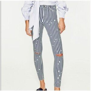 ZARA Trafaluc Striped Distressed Skinny High Rise Jeans Blue White Raw Hem 6